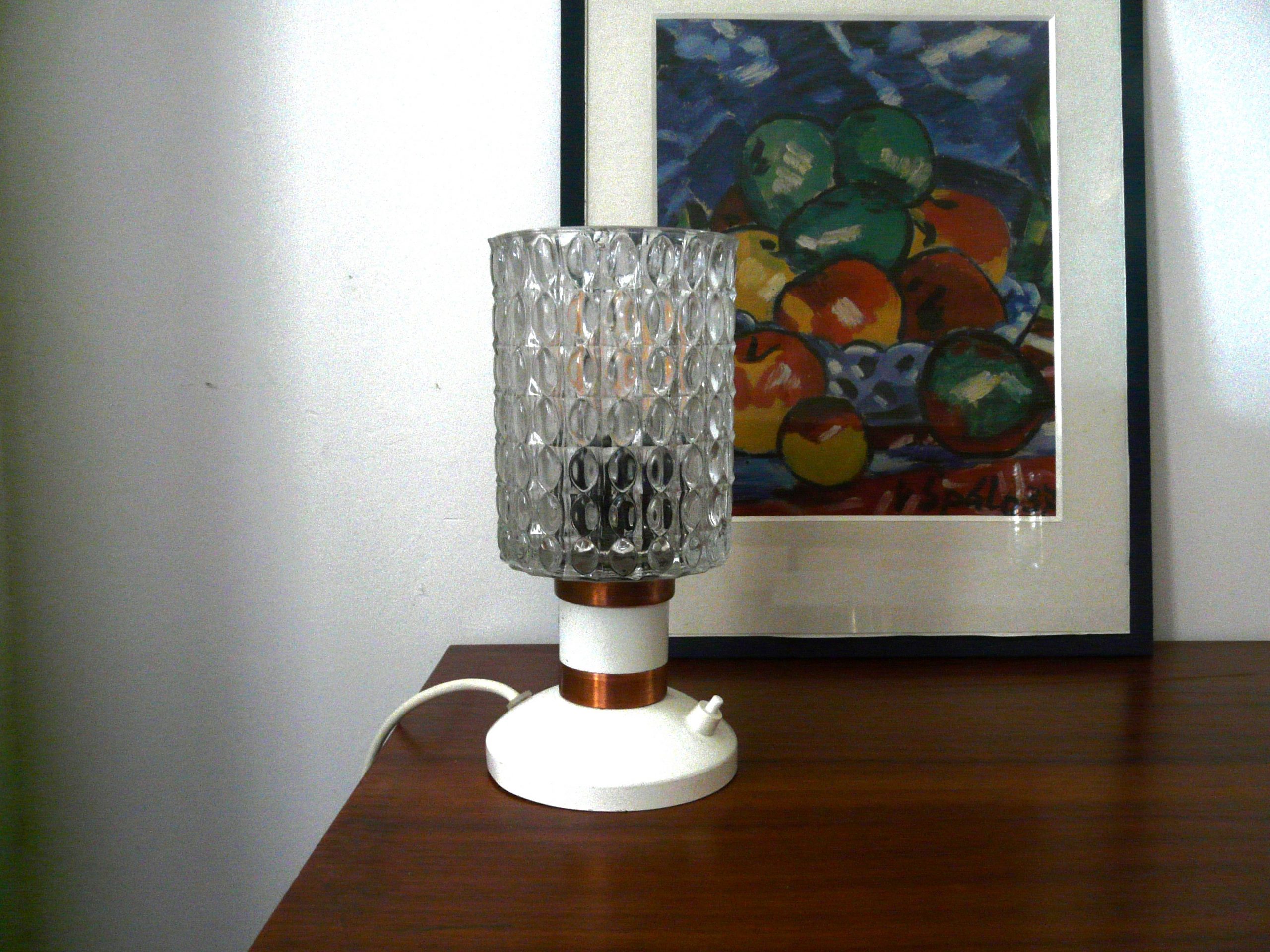 Lampe de table vintage en verre texturé et métal blanc