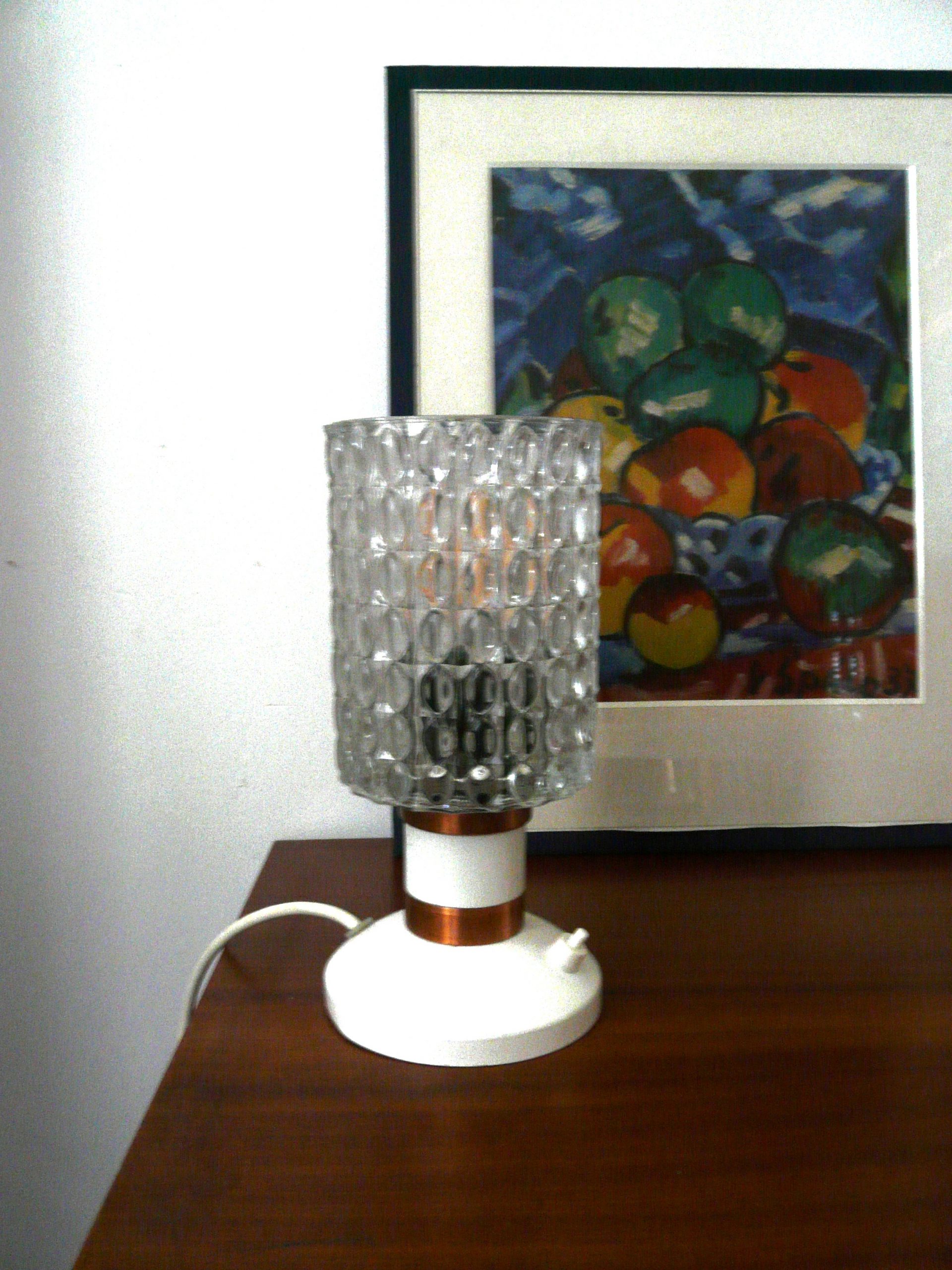 Lampe de table vintage en verre texturé et métal blanc